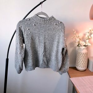 Beaded grey high-neck sweater
